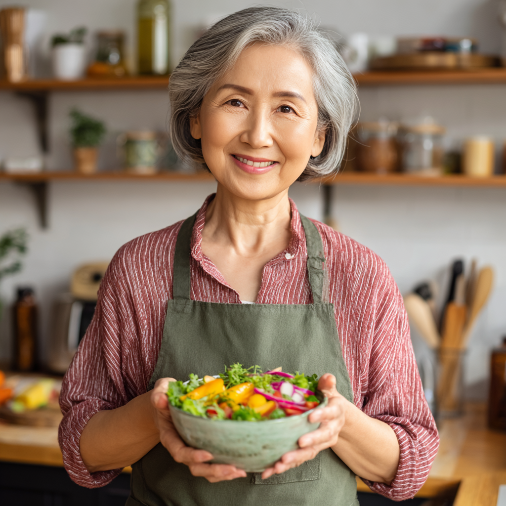Smiling middle-aged Kazakh woman holding a colorful bowl of fresh vegetables and fruits in a modern kitchen
